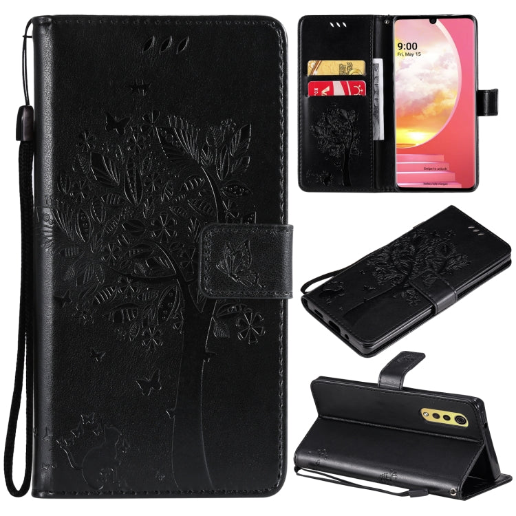Tree & Cat Pattern Pressed Printing Horizontal Flip PU Leather Case with Holder & Card Slots & Wallet & Lanyard, For LG Velvet 2 Pro, For OPPO Realme GT 5G
