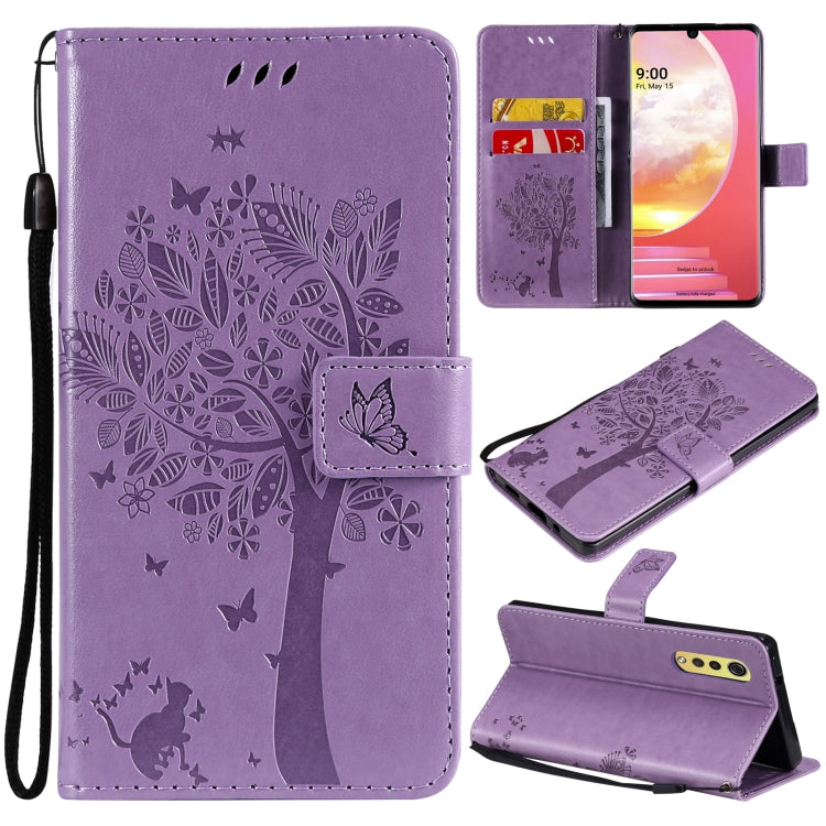 Tree & Cat Pattern Pressed Printing Horizontal Flip PU Leather Case with Holder & Card Slots & Wallet & Lanyard, For LG Velvet 2 Pro, For OPPO Realme GT 5G