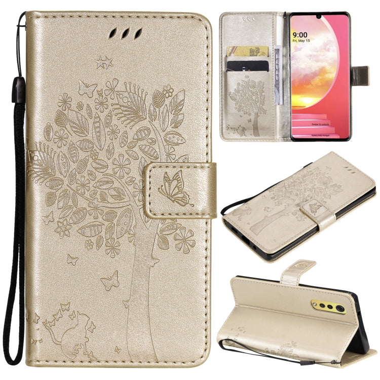 Tree & Cat Pattern Pressed Printing Horizontal Flip PU Leather Case with Holder & Card Slots & Wallet & Lanyard, For LG Velvet 2 Pro, For OPPO Realme GT 5G