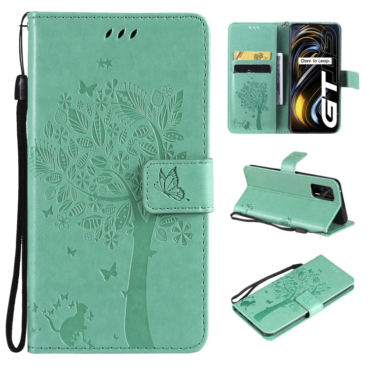 Tree & Cat Pattern Pressed Printing Horizontal Flip PU Leather Case with Holder & Card Slots & Wallet & Lanyard, For LG Velvet 2 Pro, For OPPO Realme GT 5G