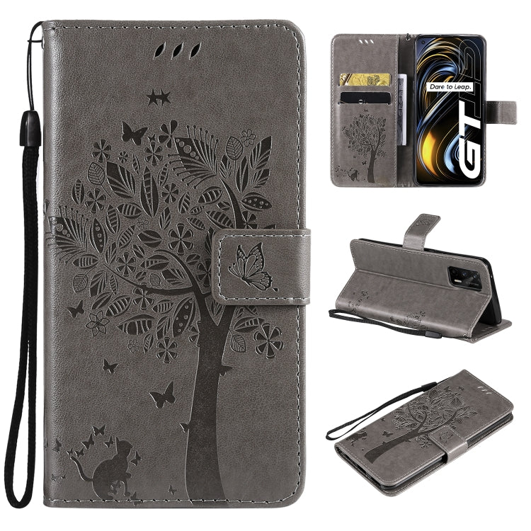 Tree & Cat Pattern Pressed Printing Horizontal Flip PU Leather Case with Holder & Card Slots & Wallet & Lanyard, For LG Velvet 2 Pro, For OPPO Realme GT 5G
