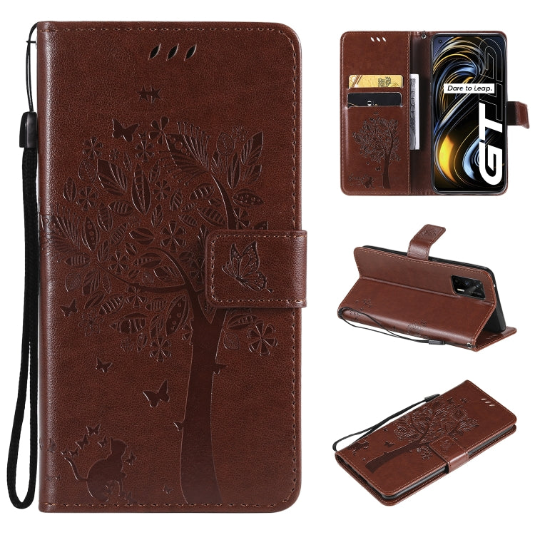 Tree & Cat Pattern Pressed Printing Horizontal Flip PU Leather Case with Holder & Card Slots & Wallet & Lanyard, For LG Velvet 2 Pro, For OPPO Realme GT 5G