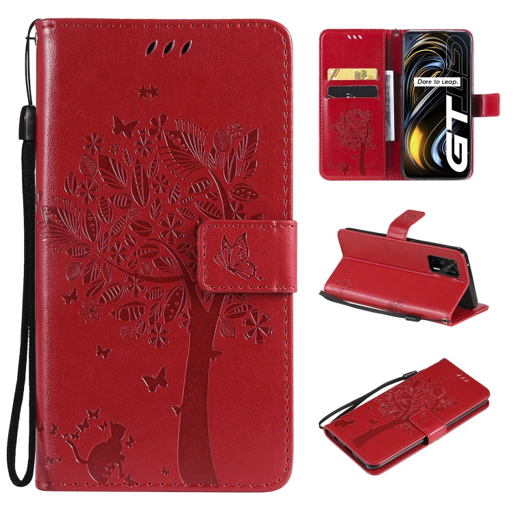Tree & Cat Pattern Pressed Printing Horizontal Flip PU Leather Case with Holder & Card Slots & Wallet & Lanyard, For LG Velvet 2 Pro, For OPPO Realme GT 5G