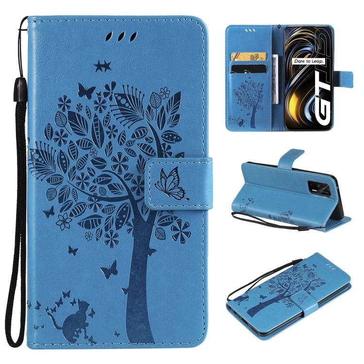 Tree & Cat Pattern Pressed Printing Horizontal Flip PU Leather Case with Holder & Card Slots & Wallet & Lanyard, For LG Velvet 2 Pro, For OPPO Realme GT 5G