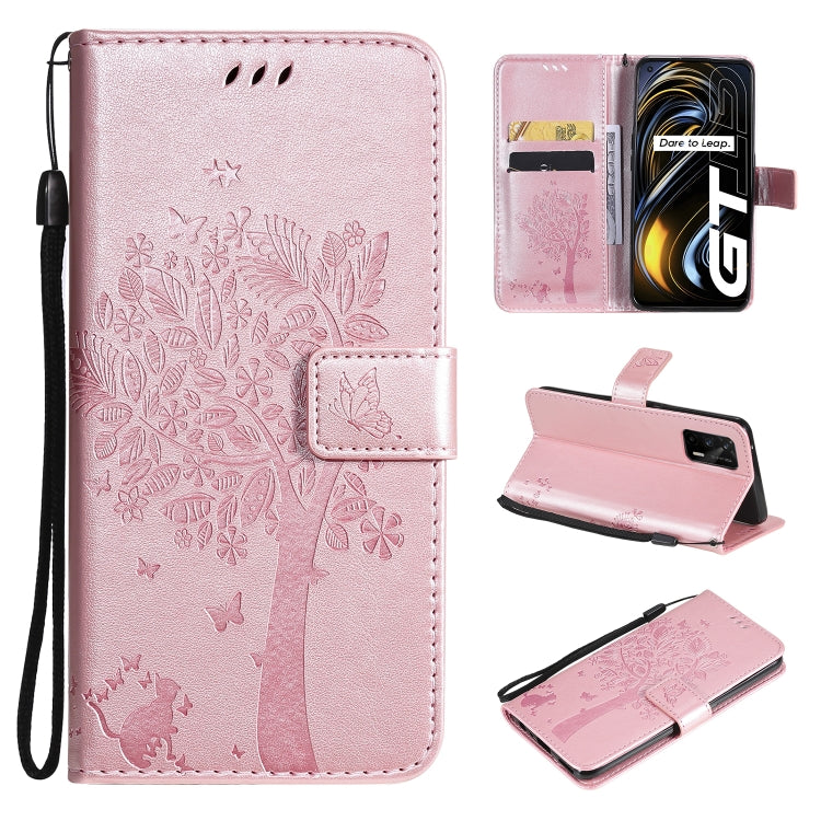 Tree & Cat Pattern Pressed Printing Horizontal Flip PU Leather Case with Holder & Card Slots & Wallet & Lanyard, For LG Velvet 2 Pro, For OPPO Realme GT 5G