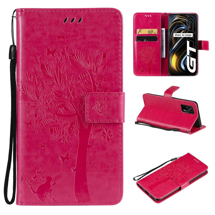 Tree & Cat Pattern Pressed Printing Horizontal Flip PU Leather Case with Holder & Card Slots & Wallet & Lanyard, For LG Velvet 2 Pro, For OPPO Realme GT 5G