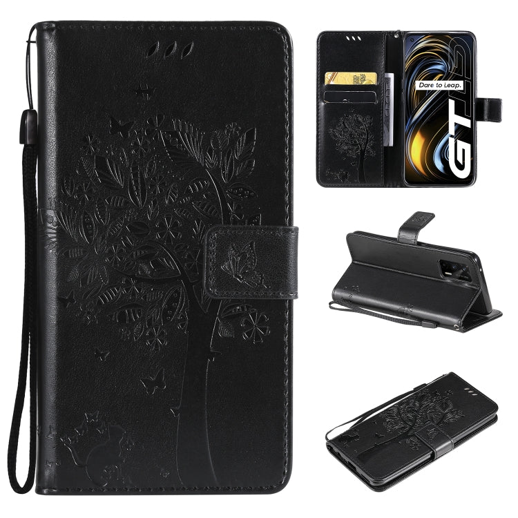 Tree & Cat Pattern Pressed Printing Horizontal Flip PU Leather Case with Holder & Card Slots & Wallet & Lanyard, For LG Velvet 2 Pro, For OPPO Realme GT 5G