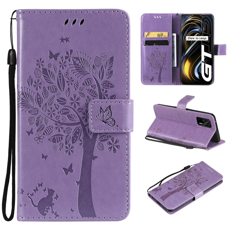 Tree & Cat Pattern Pressed Printing Horizontal Flip PU Leather Case with Holder & Card Slots & Wallet & Lanyard, For LG Velvet 2 Pro, For OPPO Realme GT 5G