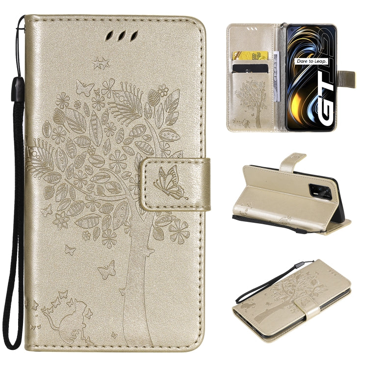 Tree & Cat Pattern Pressed Printing Horizontal Flip PU Leather Case with Holder & Card Slots & Wallet & Lanyard, For LG Velvet 2 Pro, For OPPO Realme GT 5G
