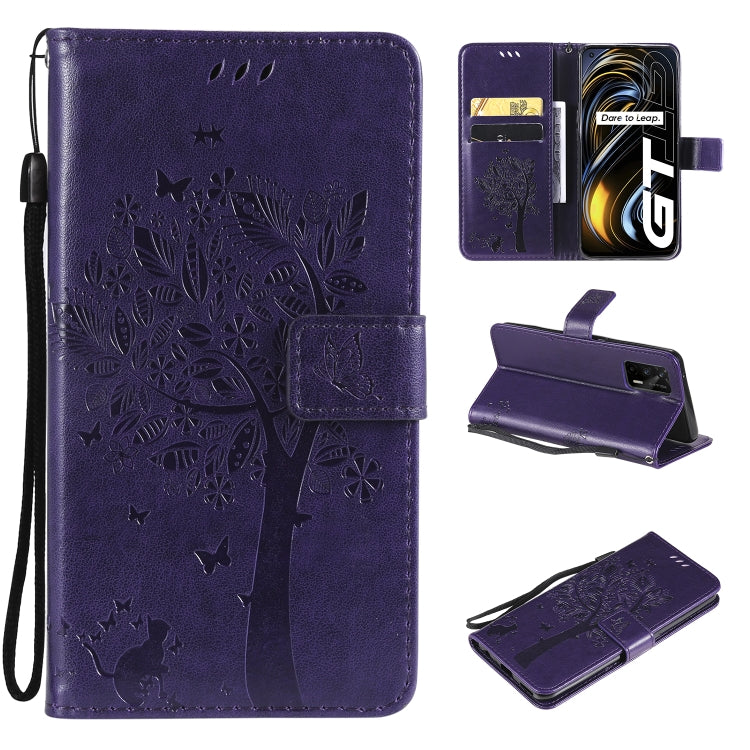 Tree & Cat Pattern Pressed Printing Horizontal Flip PU Leather Case with Holder & Card Slots & Wallet & Lanyard, For LG Velvet 2 Pro, For OPPO Realme GT 5G