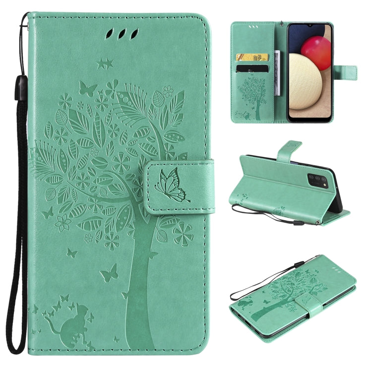 Tree & Cat Pattern Pressed Printing Horizontal Flip PU Leather Case with Holder & Card Slots & Wallet & Lanyard, For Samsung Galaxy A03s 164mm, For OnePlus Nord CE 5G
