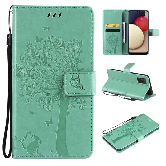 Tree and cat pattern PU leather Samsung Galaxy A03s case with card holder and lanyard