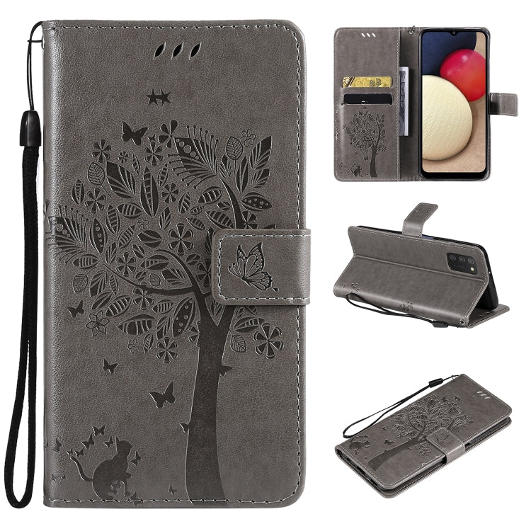 Tree & Cat Pattern Pressed Printing Horizontal Flip PU Leather Case with Holder & Card Slots & Wallet & Lanyard, For Samsung Galaxy A03s 164mm, For OnePlus Nord CE 5G