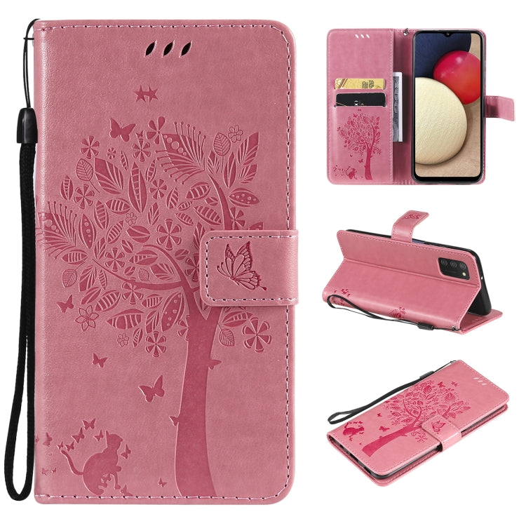 Tree & Cat Pattern Pressed Printing Horizontal Flip PU Leather Case with Holder & Card Slots & Wallet & Lanyard, For Samsung Galaxy A03s 164mm, For OnePlus Nord CE 5G