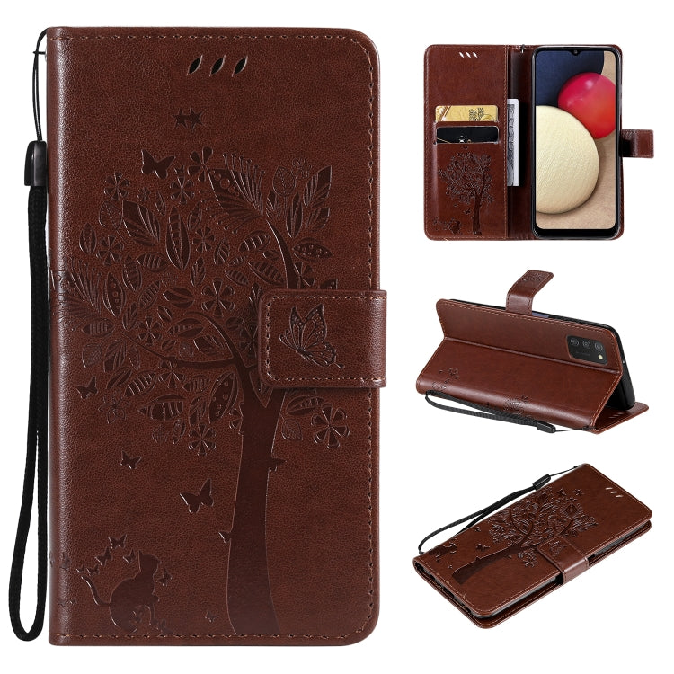 Tree & Cat Pattern Pressed Printing Horizontal Flip PU Leather Case with Holder & Card Slots & Wallet & Lanyard, For Samsung Galaxy A03s 164mm, For OnePlus Nord CE 5G