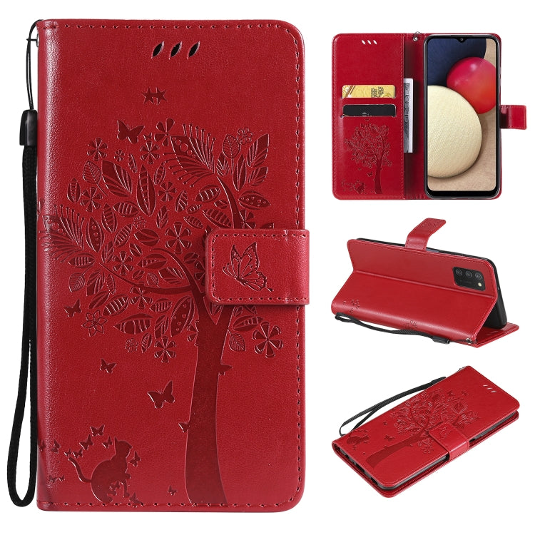 Tree & Cat Pattern Pressed Printing Horizontal Flip PU Leather Case with Holder & Card Slots & Wallet & Lanyard, For Samsung Galaxy A03s 164mm, For OnePlus Nord CE 5G