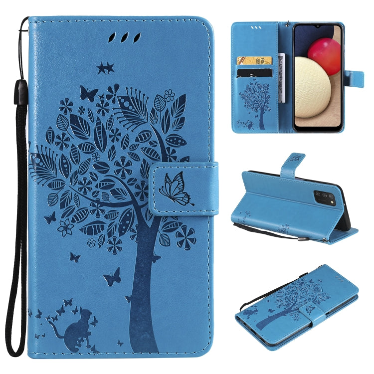 Tree & Cat Pattern Pressed Printing Horizontal Flip PU Leather Case with Holder & Card Slots & Wallet & Lanyard, For Samsung Galaxy A03s 164mm, For OnePlus Nord CE 5G