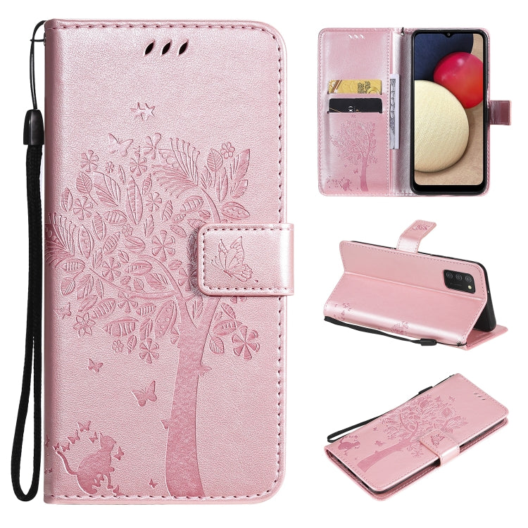 Tree & Cat Pattern Pressed Printing Horizontal Flip PU Leather Case with Holder & Card Slots & Wallet & Lanyard, For Samsung Galaxy A03s 164mm, For OnePlus Nord CE 5G