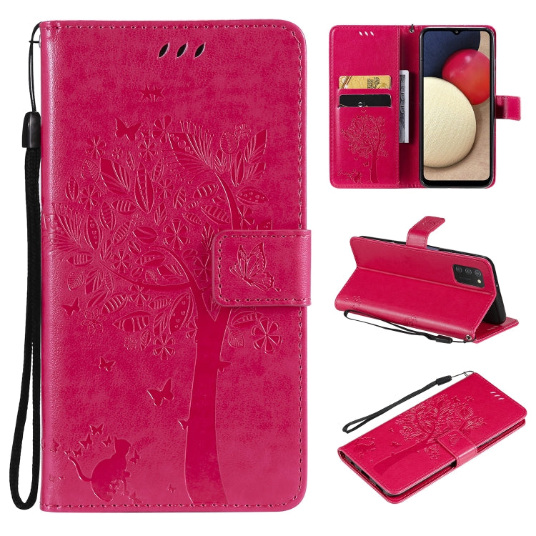 Tree & Cat Pattern Pressed Printing Horizontal Flip PU Leather Case with Holder & Card Slots & Wallet & Lanyard, For Samsung Galaxy A03s 164mm, For OnePlus Nord CE 5G