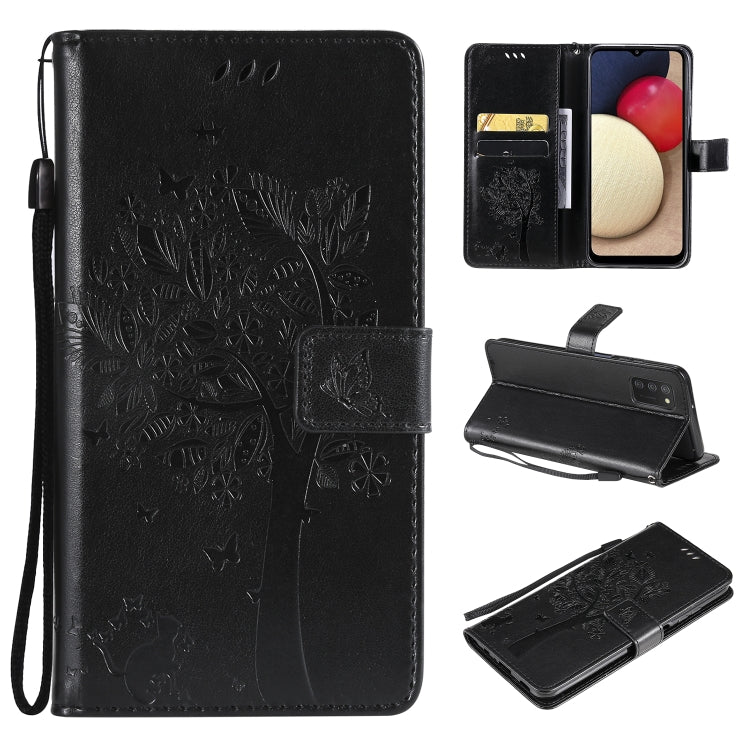 Tree & Cat Pattern Pressed Printing Horizontal Flip PU Leather Case with Holder & Card Slots & Wallet & Lanyard, For Samsung Galaxy A03s 164mm, For OnePlus Nord CE 5G