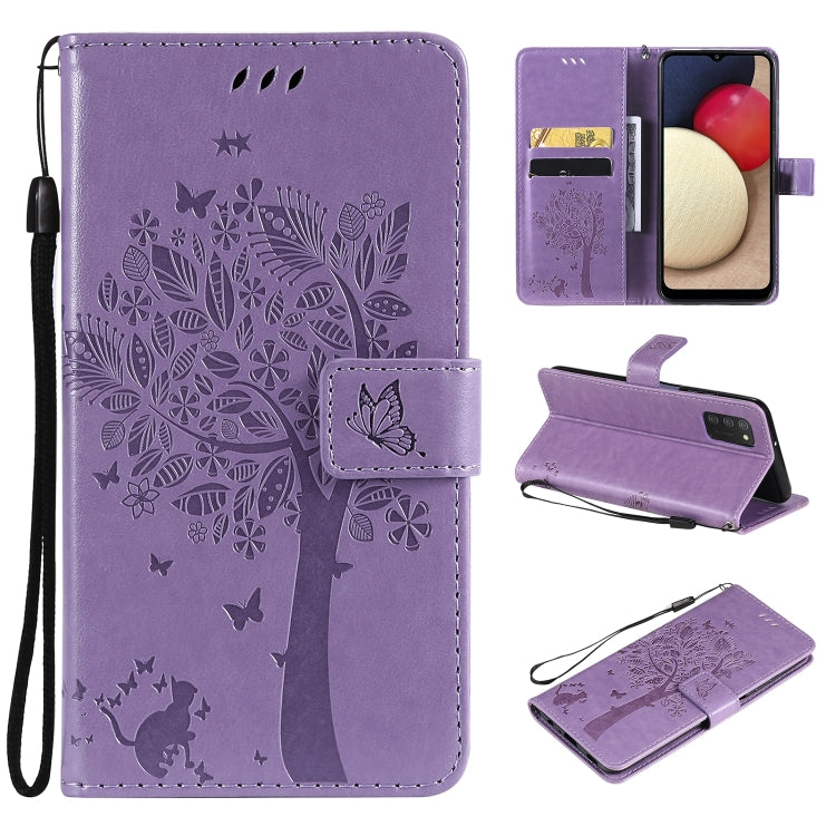 Tree & Cat Pattern Pressed Printing Horizontal Flip PU Leather Case with Holder & Card Slots & Wallet & Lanyard, For Samsung Galaxy A03s 164mm, For OnePlus Nord CE 5G