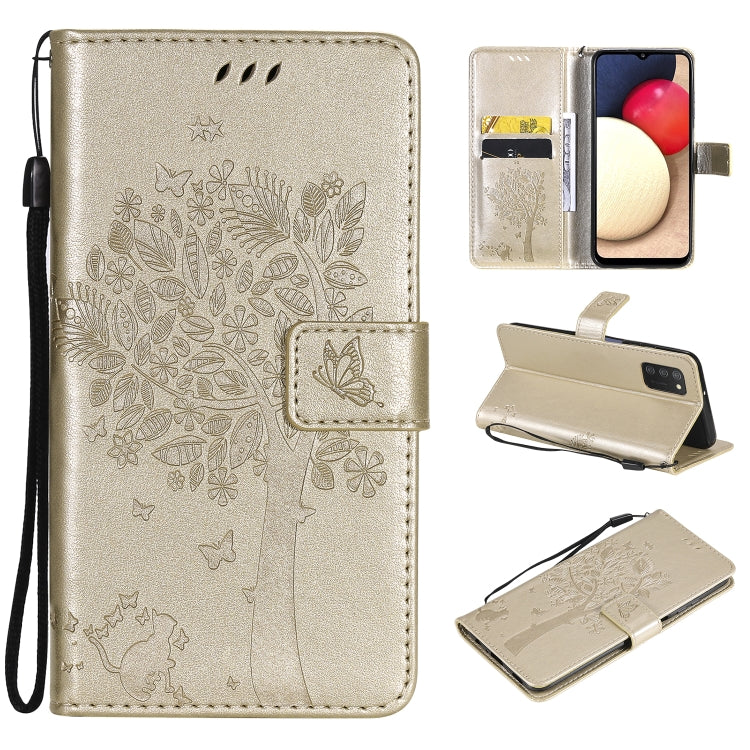 Tree & Cat Pattern Pressed Printing Horizontal Flip PU Leather Case with Holder & Card Slots & Wallet & Lanyard, For Samsung Galaxy A03s 164mm, For OnePlus Nord CE 5G