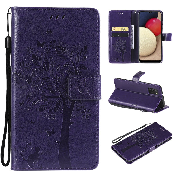 Tree & Cat Pattern Pressed Printing Horizontal Flip PU Leather Case with Holder & Card Slots & Wallet & Lanyard, For Samsung Galaxy A03s 164mm, For OnePlus Nord CE 5G