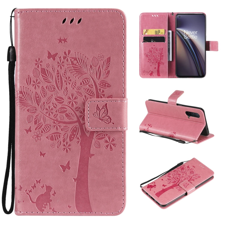 Tree & Cat Pattern Pressed Printing Horizontal Flip PU Leather Case with Holder & Card Slots & Wallet & Lanyard, For Samsung Galaxy A03s 164mm, For OnePlus Nord CE 5G