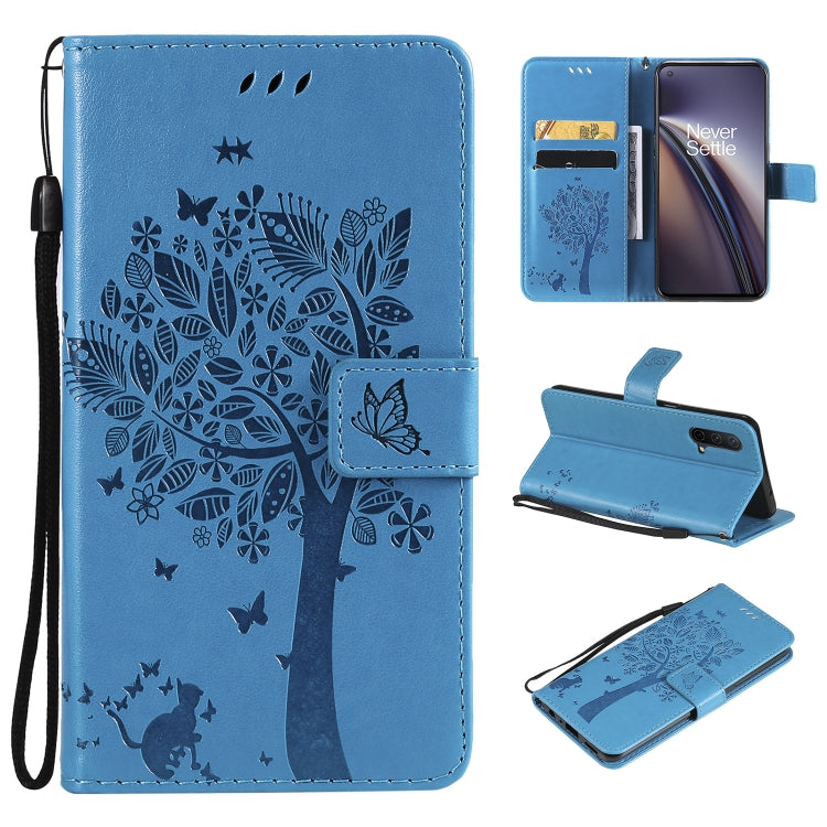 Tree & Cat Pattern Pressed Printing Horizontal Flip PU Leather Case with Holder & Card Slots & Wallet & Lanyard, For Samsung Galaxy A03s 164mm, For OnePlus Nord CE 5G