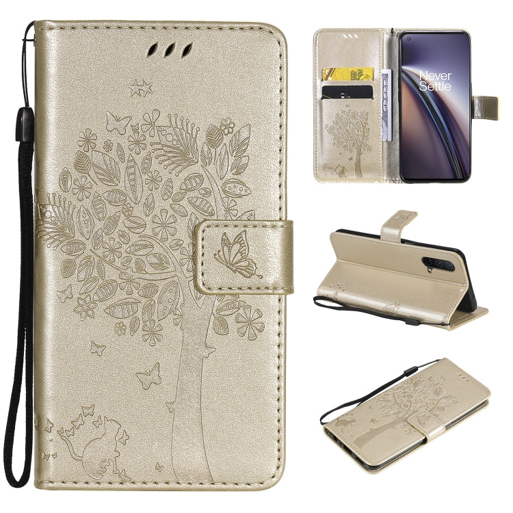 Tree & Cat Pattern Pressed Printing Horizontal Flip PU Leather Case with Holder & Card Slots & Wallet & Lanyard, For Samsung Galaxy A03s 164mm, For OnePlus Nord CE 5G