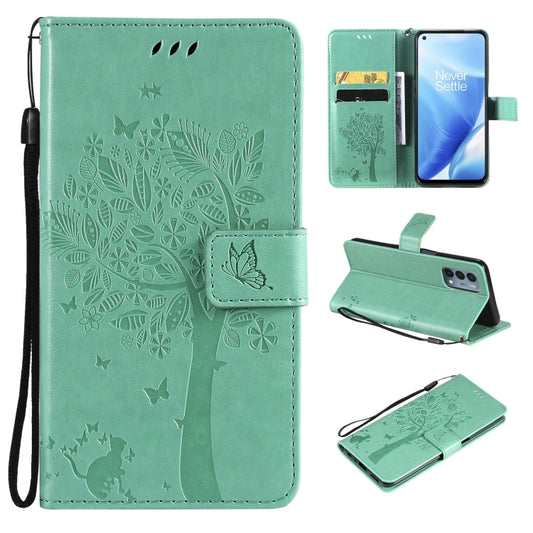 Tree and cat pattern OnePlus N200 5G leather flip case with card holder wallet front view