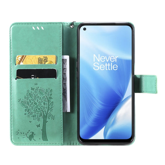 Tree cat printed PU leather protective case OnePlus N200 5G back cover