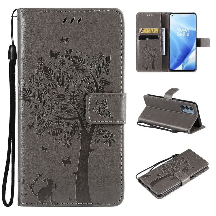 Tree & Cat Pattern Pressed Printing Horizontal Flip PU Leather Case with Holder & Card Slots & Wallet & Lanyard, For OnePlus N200 5G