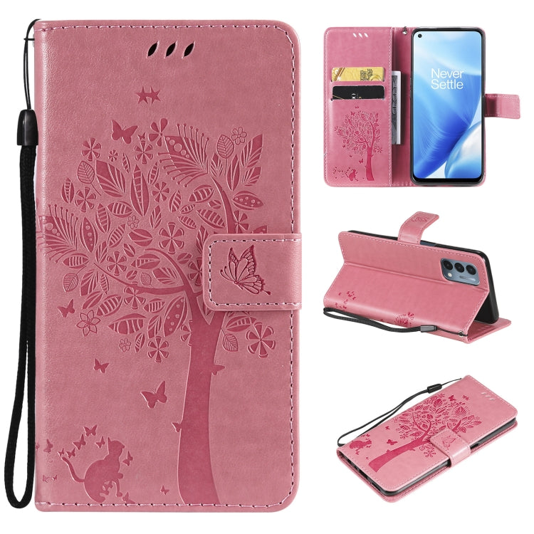 Tree & Cat Pattern Pressed Printing Horizontal Flip PU Leather Case with Holder & Card Slots & Wallet & Lanyard, For OnePlus N200 5G