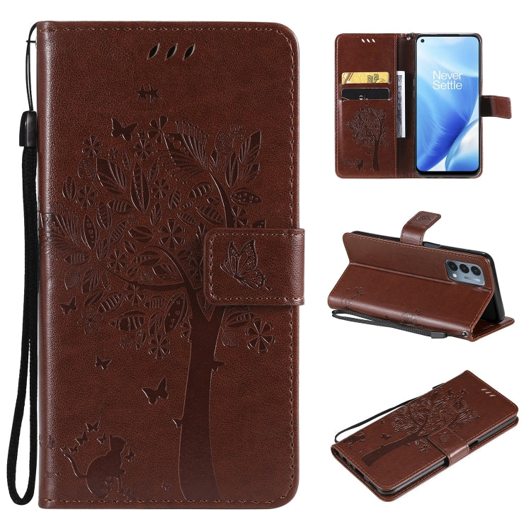 Tree & Cat Pattern Pressed Printing Horizontal Flip PU Leather Case with Holder & Card Slots & Wallet & Lanyard, For OnePlus N200 5G