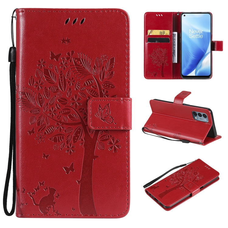 Tree & Cat Pattern Pressed Printing Horizontal Flip PU Leather Case with Holder & Card Slots & Wallet & Lanyard, For OnePlus N200 5G