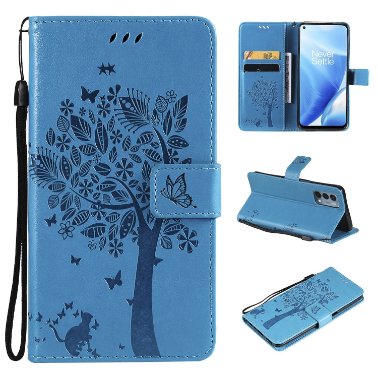 Tree & Cat Pattern Pressed Printing Horizontal Flip PU Leather Case with Holder & Card Slots & Wallet & Lanyard, For OnePlus N200 5G