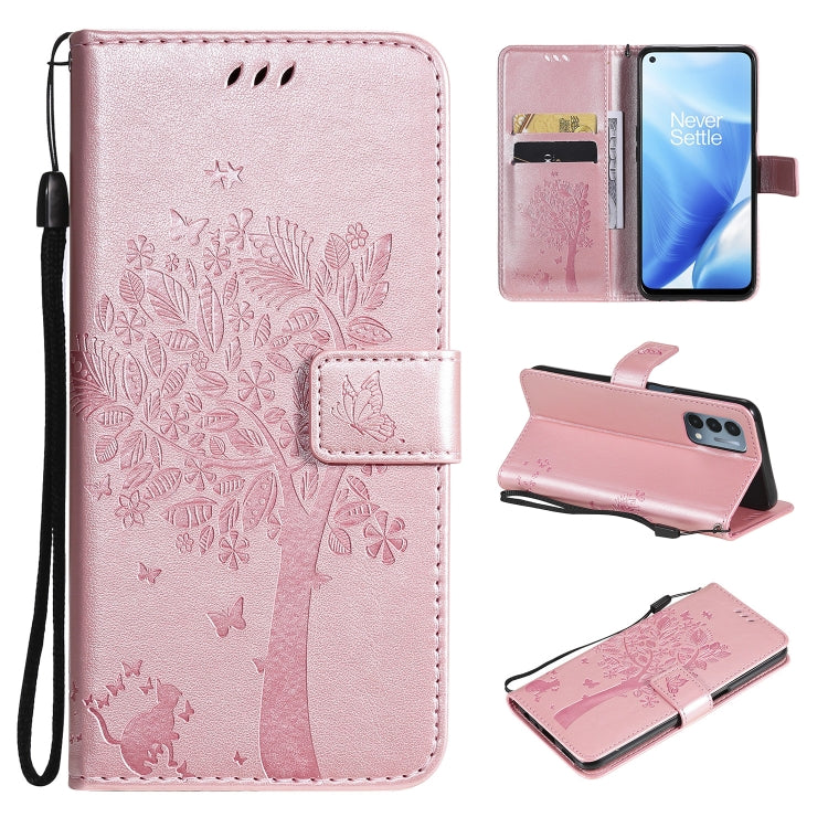 Tree & Cat Pattern Pressed Printing Horizontal Flip PU Leather Case with Holder & Card Slots & Wallet & Lanyard, For OnePlus N200 5G