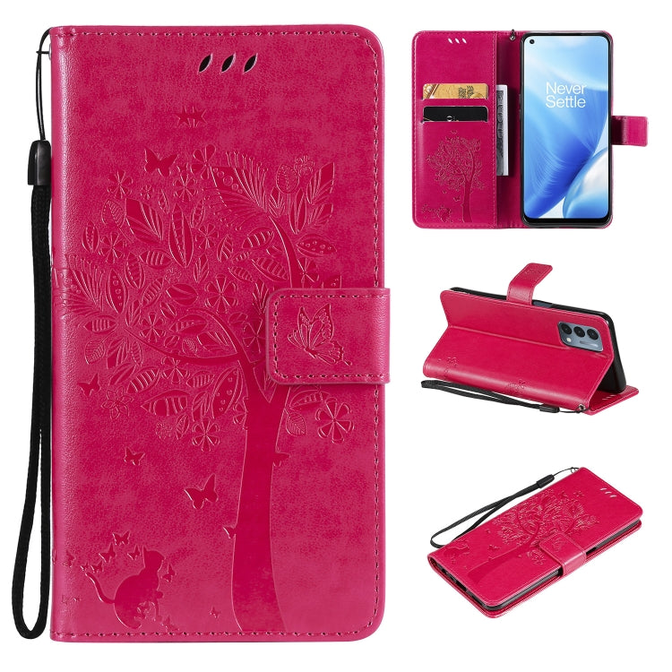 Tree & Cat Pattern Pressed Printing Horizontal Flip PU Leather Case with Holder & Card Slots & Wallet & Lanyard, For OnePlus N200 5G