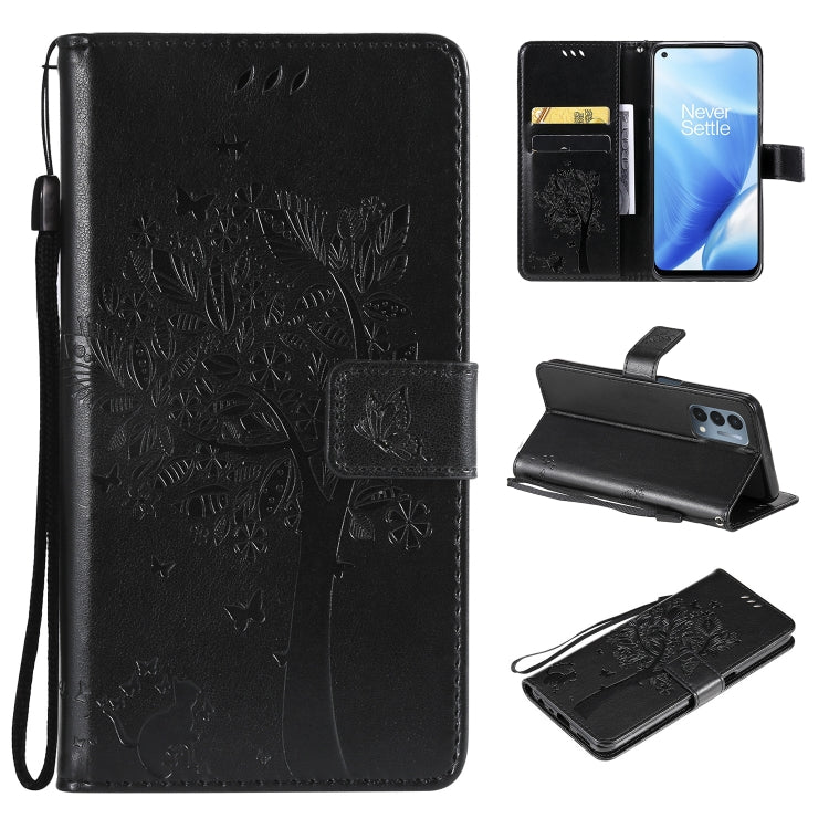 Tree & Cat Pattern Pressed Printing Horizontal Flip PU Leather Case with Holder & Card Slots & Wallet & Lanyard, For OnePlus N200 5G