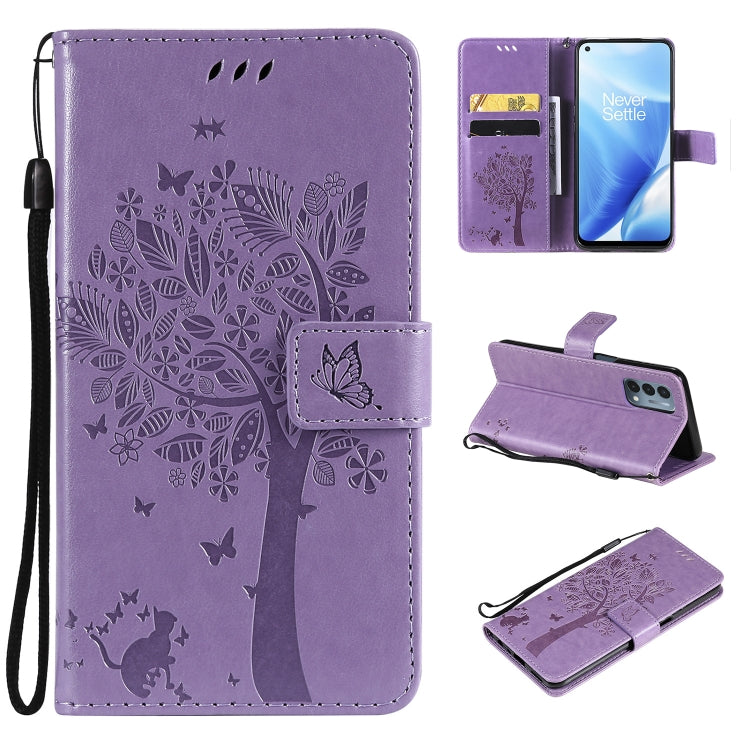 Tree & Cat Pattern Pressed Printing Horizontal Flip PU Leather Case with Holder & Card Slots & Wallet & Lanyard, For OnePlus N200 5G