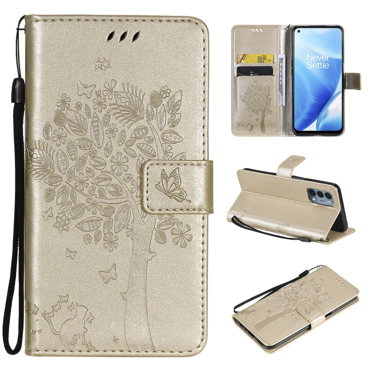 Tree & Cat Pattern Pressed Printing Horizontal Flip PU Leather Case with Holder & Card Slots & Wallet & Lanyard, For OnePlus N200 5G