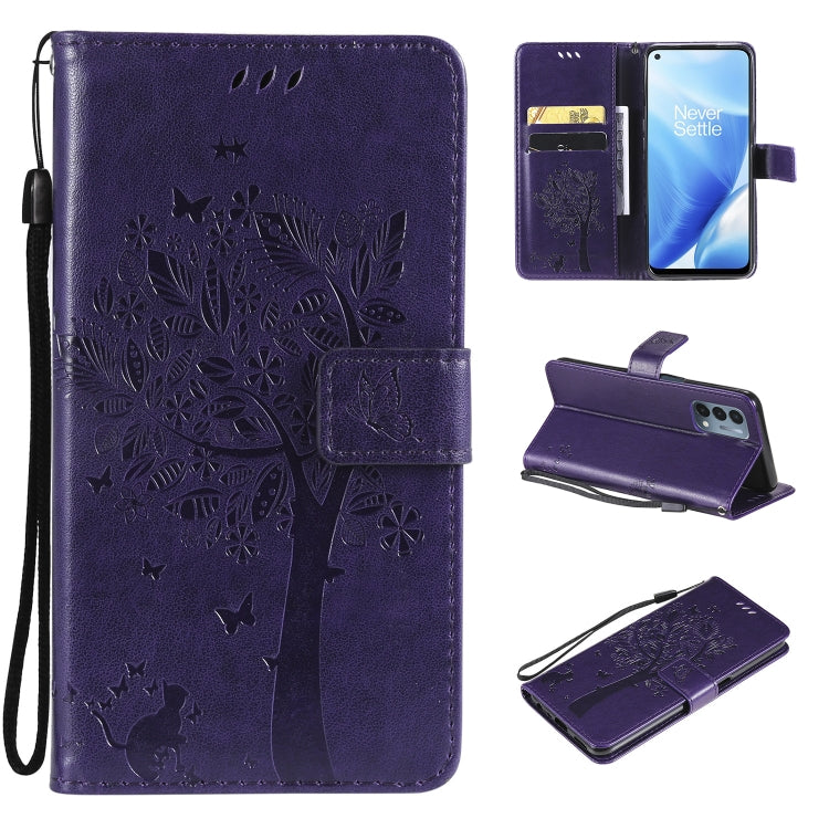 Tree & Cat Pattern Pressed Printing Horizontal Flip PU Leather Case with Holder & Card Slots & Wallet & Lanyard, For OnePlus N200 5G