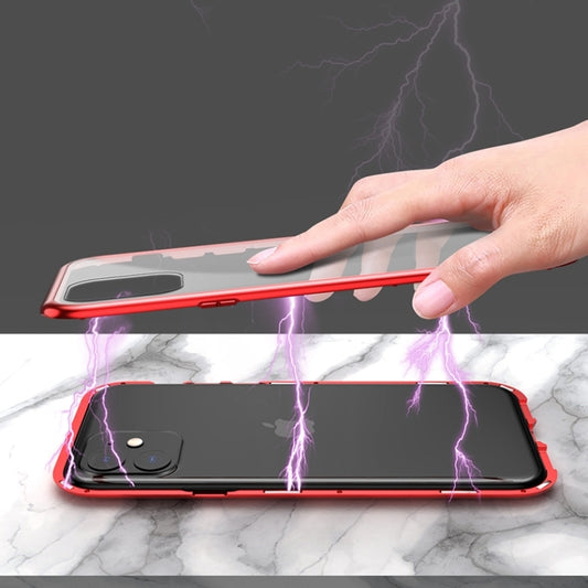 Magnetic metal frame edges protecting iPhone 11 corners with angular aesthetic