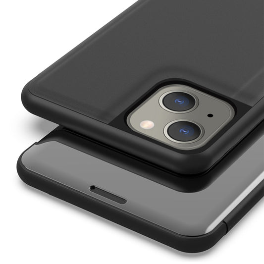 iPhone 13 Pro Max protective leather case with integrated mirror and kickstand