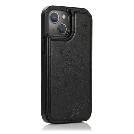 Floral butterfly design protective case iPhone 13 mini front view with buckle closure