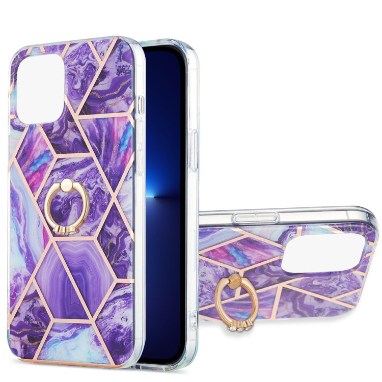 Electroplating Splicing Marble Pattern Dual-side IMD TPU Shockproof Case with Ring Holder, For iPhone 13 mini, For iPhone 13, For iPhone 13 Pro, For iPhone 13 Pro Max