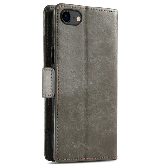 Premium brown leather iPhone case featuring splicing pattern and dual buckle system
