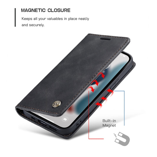 Wallet case for iPhone 13 displaying card slot compartments and magnetic closure
