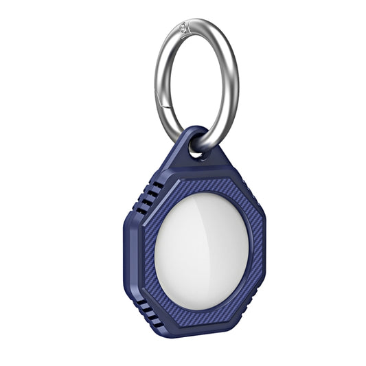 Black carbon fiber AirTag case featuring durable TPU material and keychain attachment